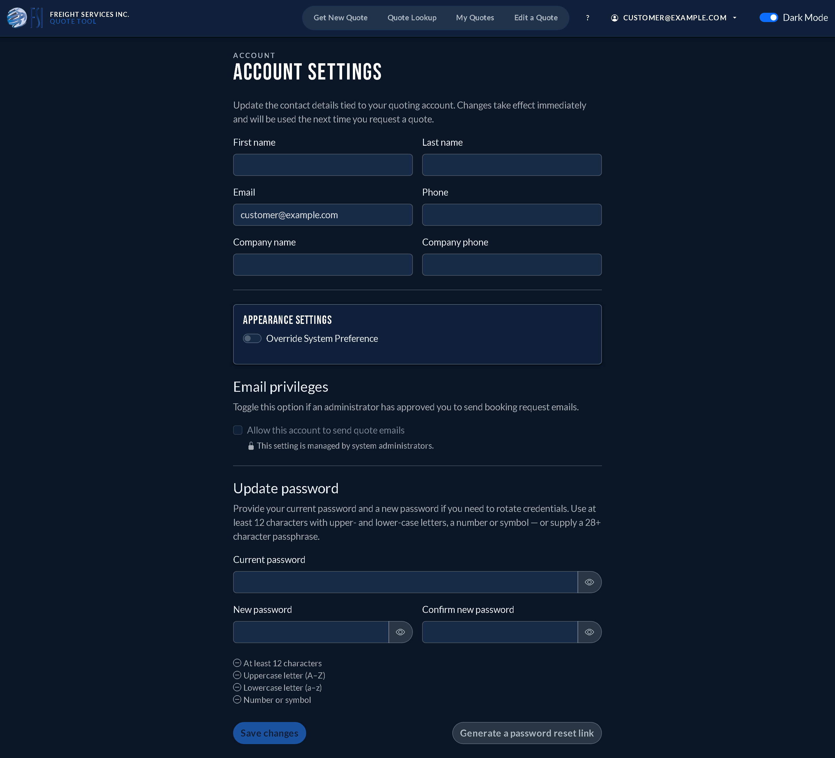 The account Settings page with editable contact information, signature, and preference fields. (dark mode)