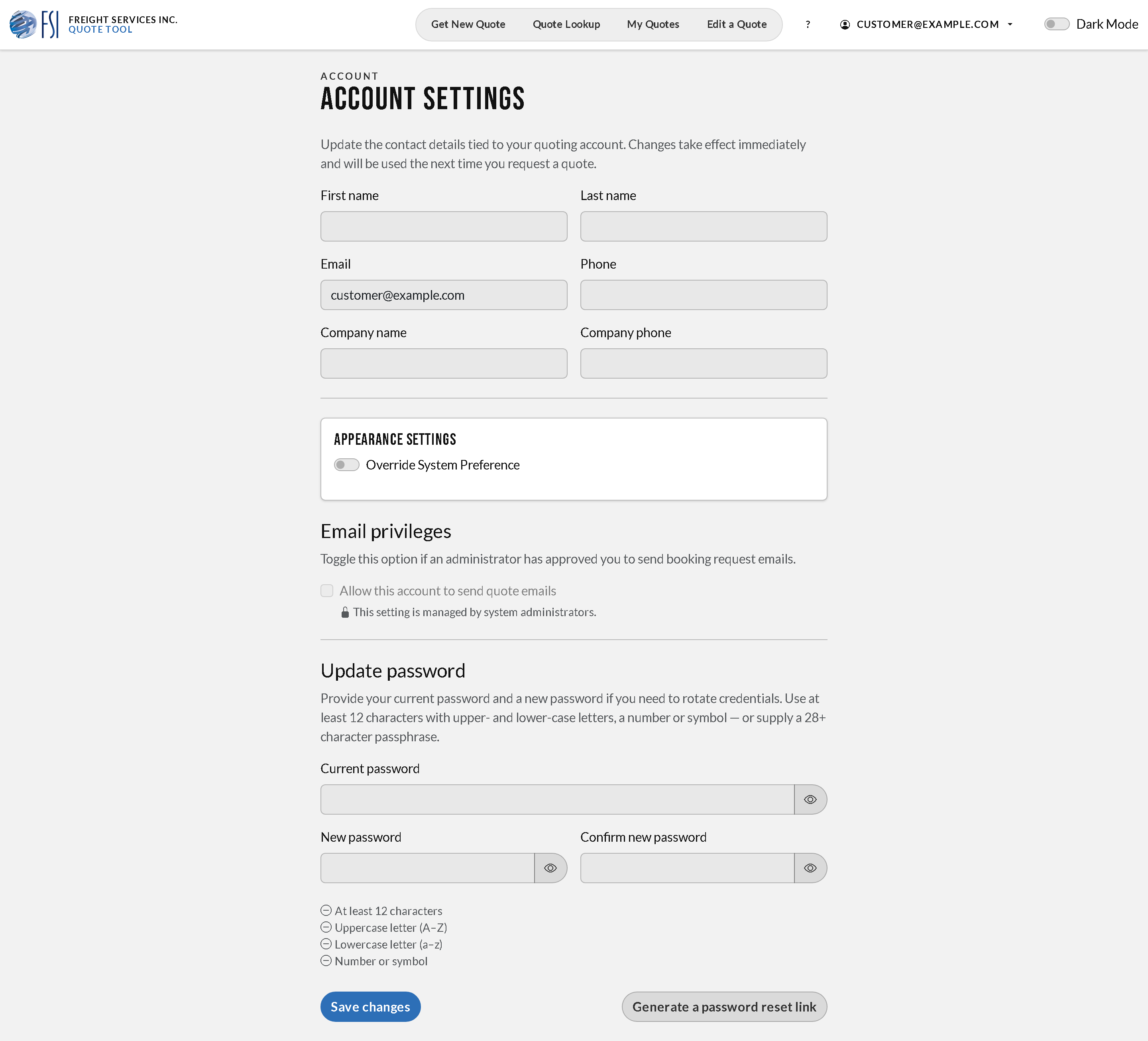 The account Settings page with editable contact information, signature, and preference fields.
