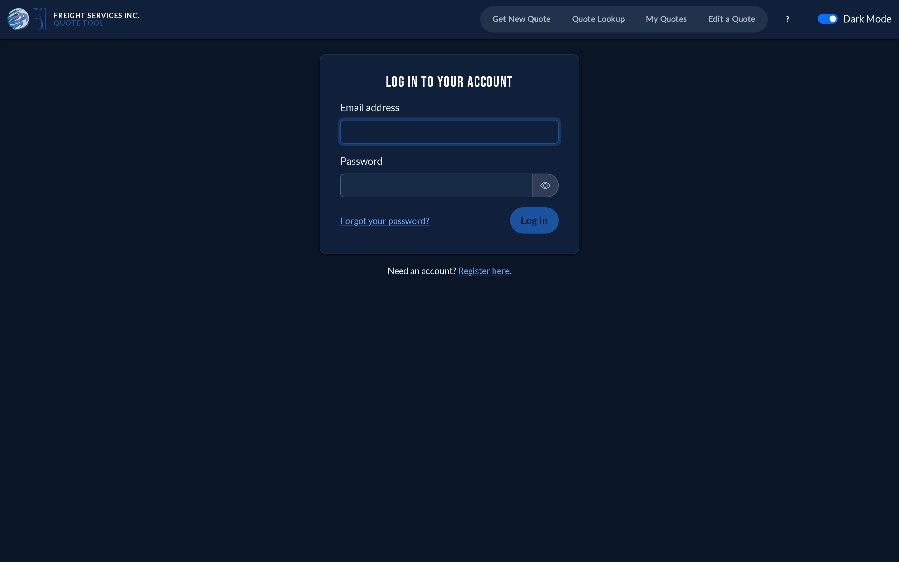 The sign-in page with email and password fields and a Sign In button. (dark mode)