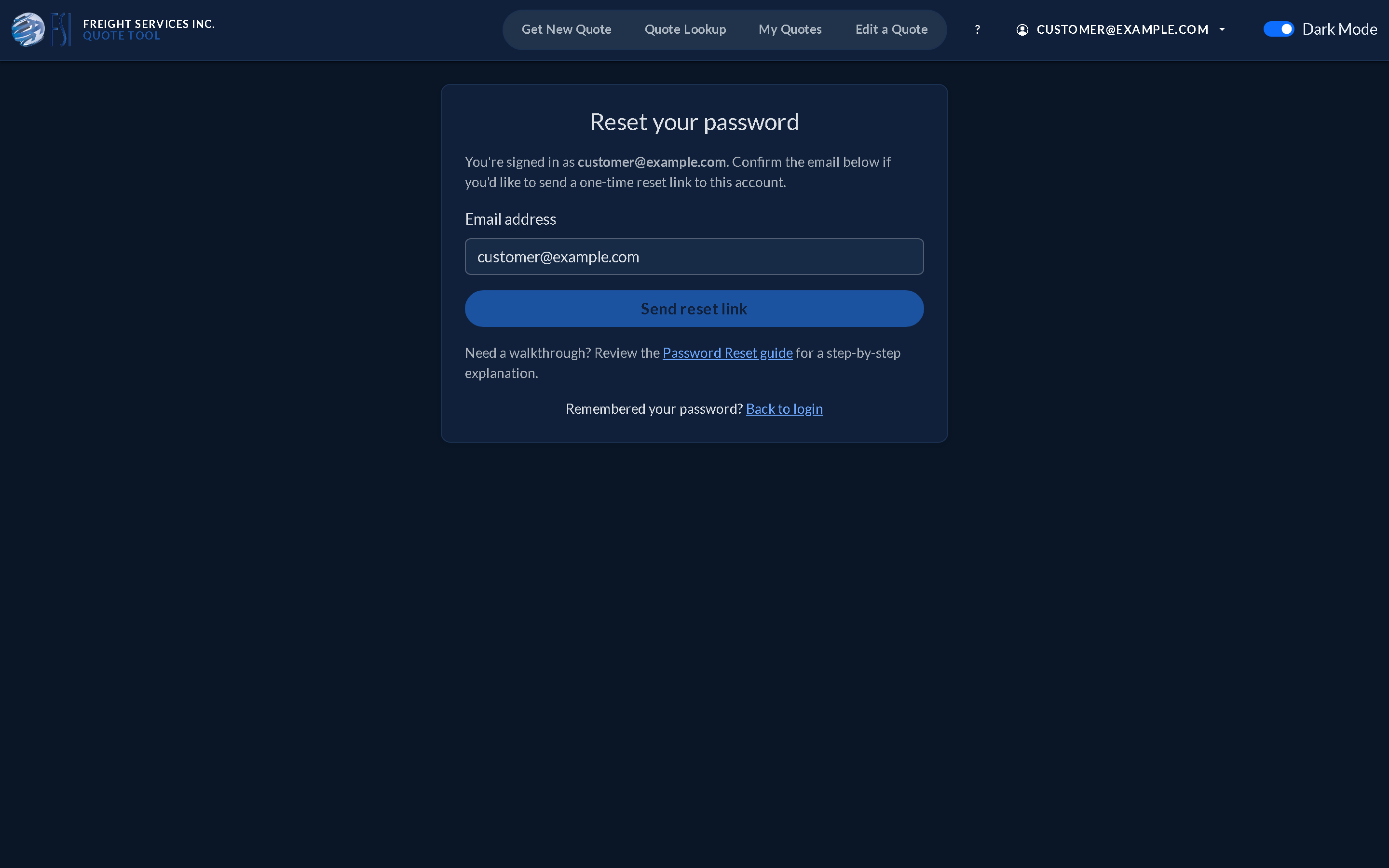 The Reset password request page with an email field and a Generate reset link button. (dark mode)