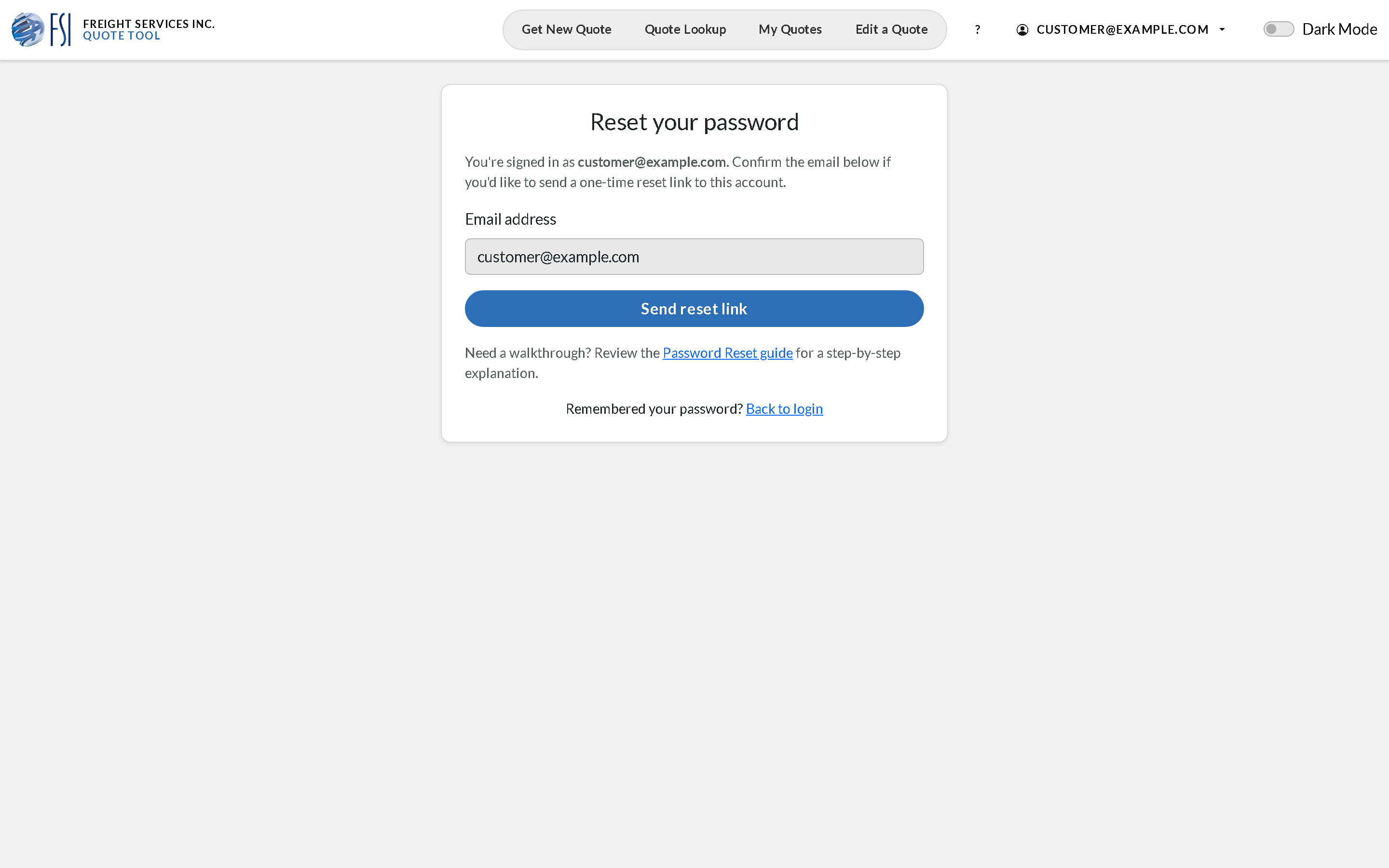 The Reset password request page with an email field and a Generate reset link button.