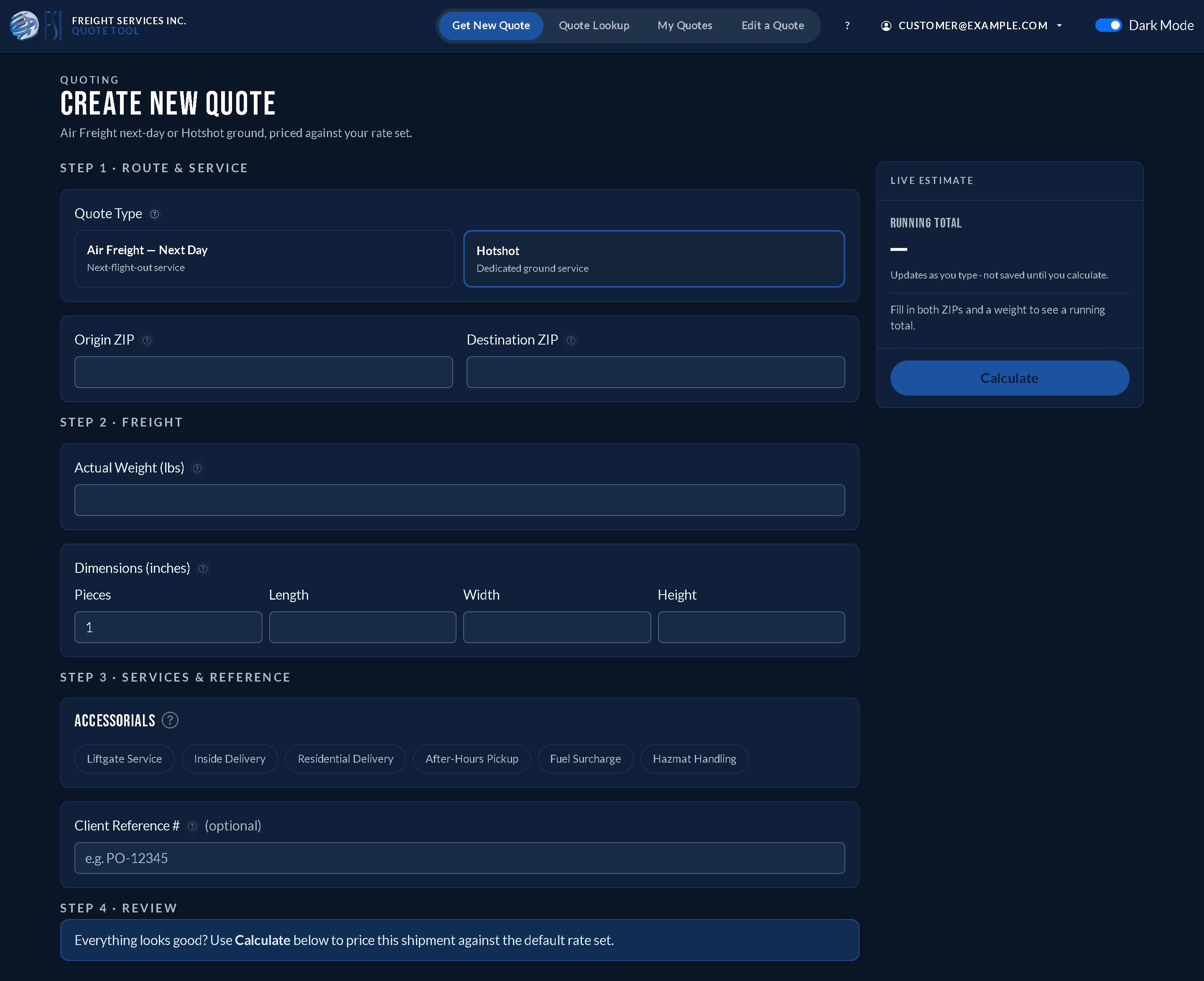 The Create New Quote form with fields for quote type, origin and destination ZIP, actual weight, piece dimensions, and a list of accessorial checkboxes. (dark mode)