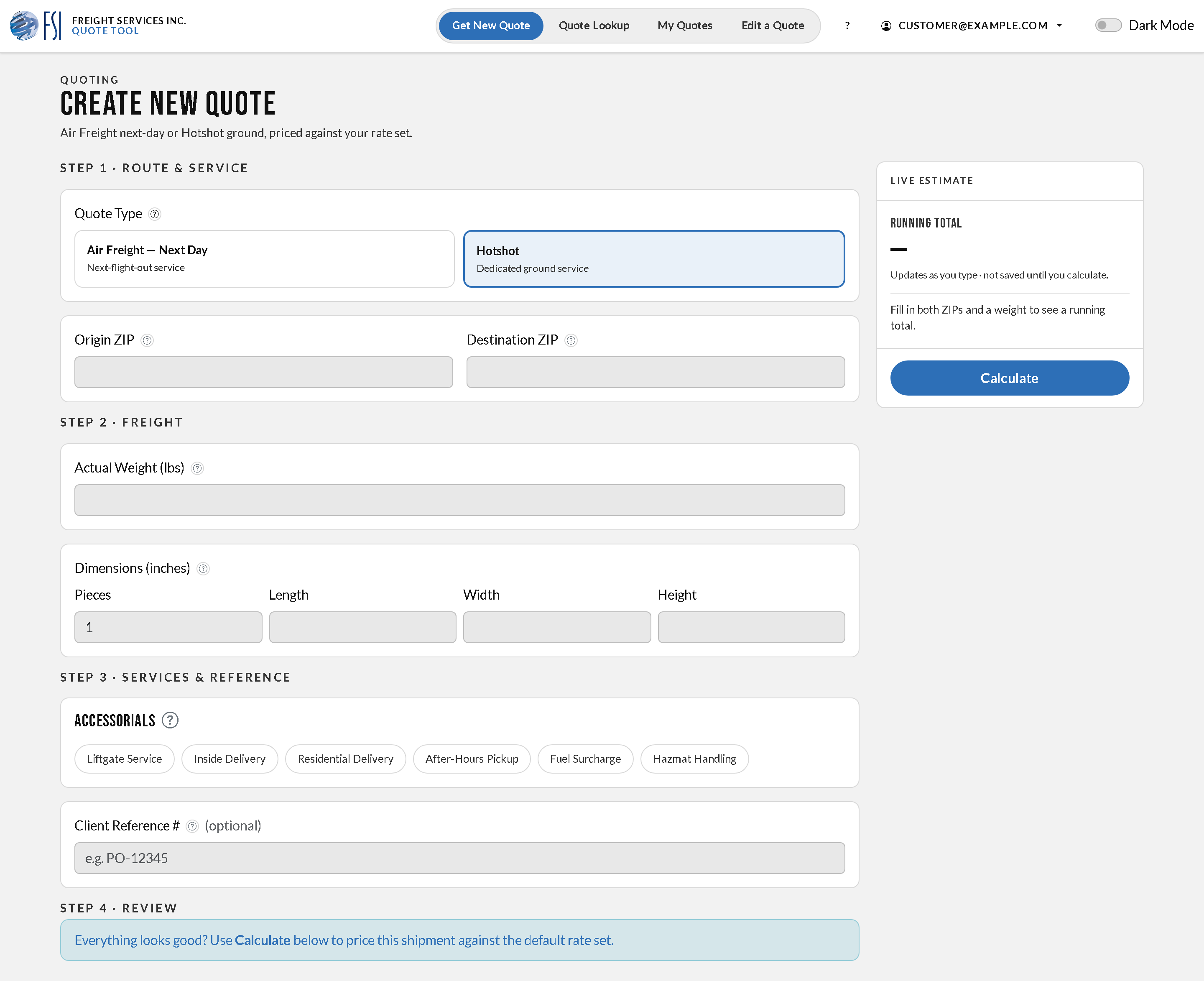 The Create New Quote form with fields for quote type, origin and destination ZIP, actual weight, piece dimensions, and a list of accessorial checkboxes.